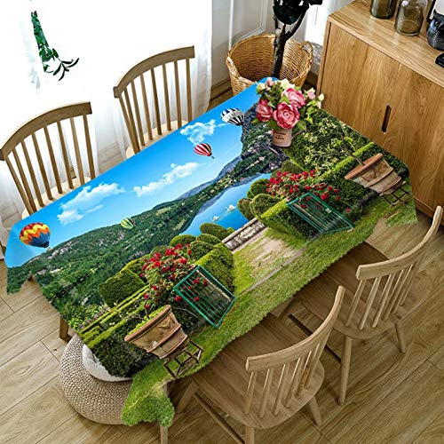 Rubyia Tischdecke Wasserdicht, Abwaschbar Table Cloth Bergwaldlandschaft Heißluftballon Pattern, Polyester, Grün Blau, 110 x 170 cm von Rubyia