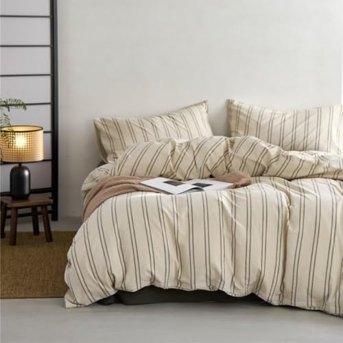 Ruccit Beigefarbenes Bettbezug-Set, Kingsize, grün gestreift, 100 % gewaschene Baumwolle, cremefarben, Bettbezug, Doppelbett, Kinder, Teenager, Erwachsene, modern, 3-teilig, Bettbezug, von Ruccit