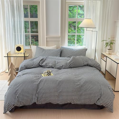 Ruccit Schwarzes Vichy-Bettwäsche-Set für Doppelbett, 100 % gewaschene Baumwolle, kariertes Gittermuster, 3-teiliges Bettwäsche-Set mit Reißverschluss, Eckbändern, weich, atmungsaktiv von Ruccit
