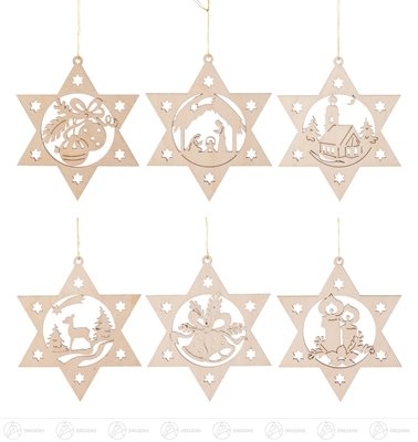 Rudolphs Schatzkiste Baumschmuck Behang Weihnachtsmotive im Stern, Satz 1 (6) Breite x Höhe ca 8,5 cmx8,5 cm NEU Erzgebirge Christbaumschmuck Baumbehang von Rudolphs Schatzkiste