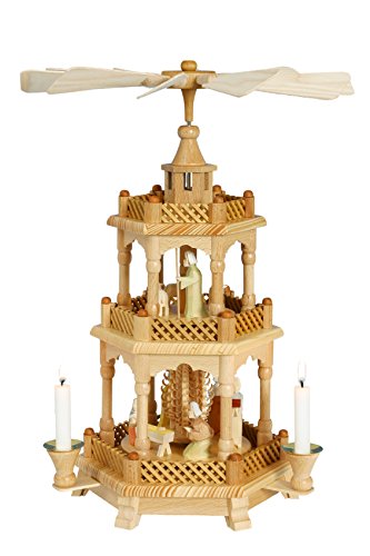 Rudolphs Schatzkiste Pyramide Christi Geburt mit Engeln geschnitzt Natur BxHxT 30x42x30cm NEU Holzpyramide Weihnachtspyramide Designpyramide Tischpyramide Wärmespiel Tischdeko Dekoration Weihnachten von Rudolphs Schatzkiste