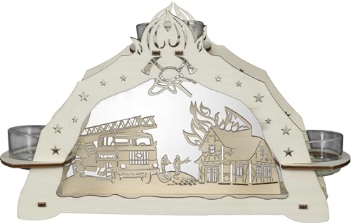 Rudolphs Schatzkiste Teelichthalter Feuerwehr für 3 Teelichter BxHxT 23x13x6,5cm NEU Lichterbogen Fensterbogen Spitzbogen Erzgebirge Weihnachten Bergbau Bergmann Licht Holz Dekoration Beleuchtung von Rudolphs Schatzkiste