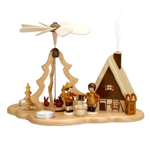 Rudolphs Schatzkiste Tischpyramide Winterkinder mit Schneemann Natur und Räucherhaus HxLxB 33x21x22cm NEU Pyramide Minipyramide Holzpyramide Seiffen Erzgebirge Weihnachten Wärmespiel Lichter Figur von Rudolphs Schatzkiste