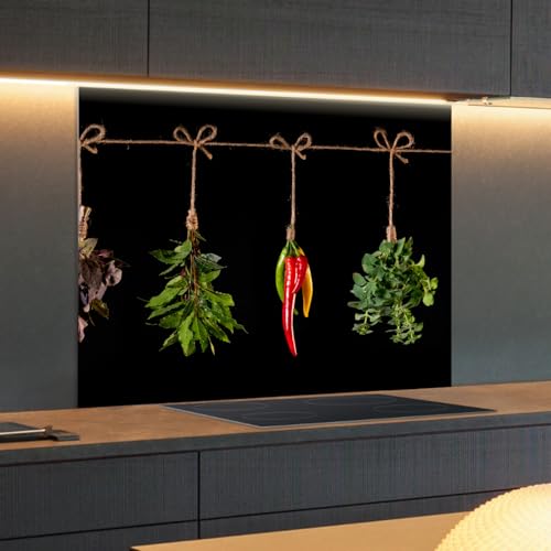 Spritzschutz Küchenrückwand Glas 100 x 40 cm Gemüse & Kräuter aufgehängt, Küchenwand Wandschutz, Herd Spritzschutz, Rückwand Küche Glas, Pfannenspritzschutz - RUECKWAND24 von Rückwand24