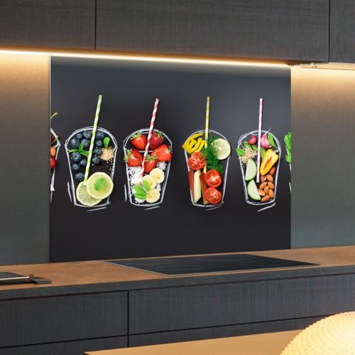 Spritzschutz Küchenrückwand Glas 60 x 40 cm Frische Smoothie Zutaten auf Schwarz, Küchenwand Wandschutz, Herd Spritzschutz, Rückwand Küche Glas, Pfannenspritzschutz - RUECKWAND24 von Rückwand24
