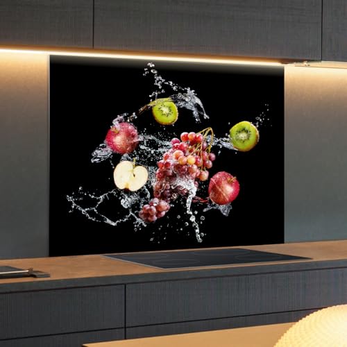 Spritzschutz Küchenrückwand Glas 60 x 60 cm Frische Früchte im Wasser-Splash auf Schwarz, Küchenwand Wandschutz, Herd Spritzschutz, Rückwand Küche Glas - RUECKWAND24 von Rückwand24