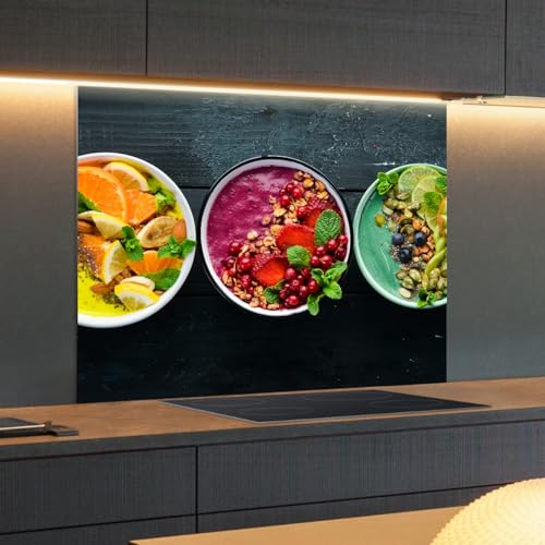 Spritzschutz Küchenrückwand Glas 80 x 50 cm Leckere Frucht-Joghurt-Bowls, Küchenwand Wandschutz, Herd Spritzschutz, Rückwand Küche Glas, Pfannenspritzschutz - RUECKWAND24 von Rückwand24