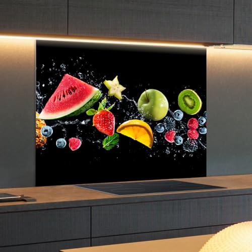 Spritzschutz Küchenrückwand Glas 90 x 60 cm Bunte Früchte mit Wasserspritzern, Küchenwand Wandschutz, Herd Spritzschutz, Rückwand Küche Glas, Pfannenspritzschutz - RUECKWAND24 von Rückwand24