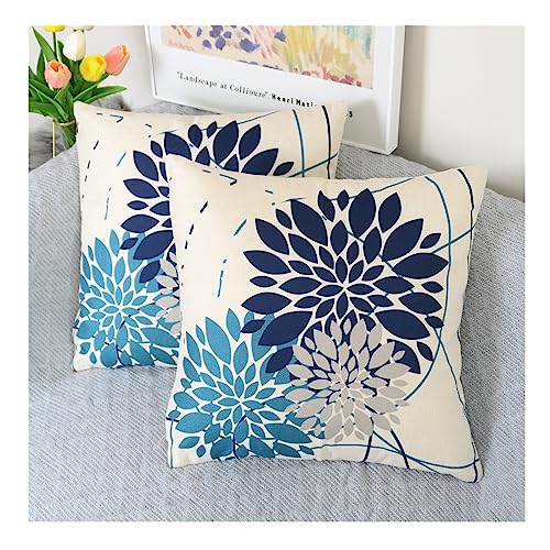 Ruedong Kissenbezug 40x40 2er Set Dahlien Kissenhülle Dekokissen Marineblau Cyan Kissenbezüge Couchkissen Deko Sofakissen Wohnzimmer Zierkissen für Stuhl Bett Garten Schlafzimmer von Ruedong