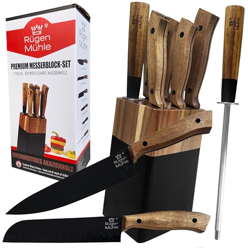 RÜGEN MÜHLE – Premium Messerblock Akazienholz – mit Olivenöl veredelbar – 7-teiliges Messerset inkl. Wetzstahl, rostfreier Edelstahl, Küchenmesser Set, Messerblock mit Messer, Knife Set von Rügen Mühle