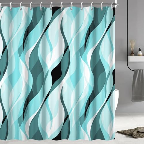 Ruelvth Blaugrüner Duschvorhang, abstraktes Türkis und Grau gestreiftes Duschvorhang-Set für Badezimmer, wasserdichter Duschvorhang mit Haken, 183 x 183 cm von Ruelvth