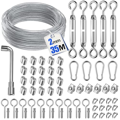 35M 69pcs Drahtseil für Kletterpflanzen - Langlebiges Stahlseil-Set mit Seilspanner, Drahtseilklemme, Stahlseil ummantelt für Rankhilfe und Beleuchtung, Ideal als Wäscheleine und für DIY-Projekte von Ruesious