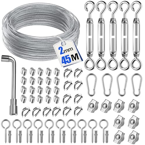 45M 71pcs Drahtseil für Kletterpflanzen - Langlebiges Stahlseil-Set mit Seilspanner, Drahtseilklemme, Stahlseil ummantelt für Rankhilfe und Beleuchtung, Ideal als Wäscheleine und für DIY-Projekte von Ruesious