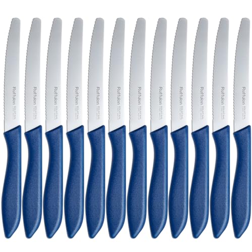 Brotmesser,12 teilig Ruffulon Brötchenmesser Set,23 cm Bread Knife,Brot Messer Wellenschliff aus Edelstahl,Scharfe Messer Set,Kunststoffgriff,Blau Messerset,Spülmaschinenfest von Ruffulon