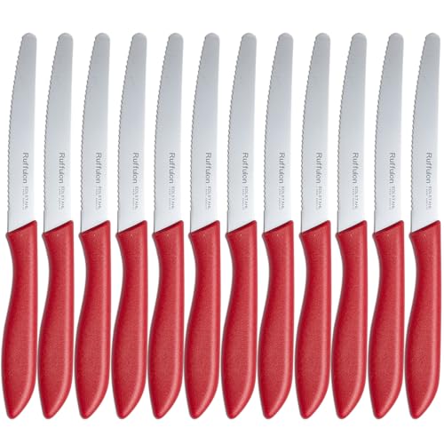 Brotmesser Wellenschliff,12 teilig,Ruffulon Brötchenmesser Set,23 cm Frühstücksmesser,Brot Messer aus Edelstahl,Scharfe Messer Set,Kunststoffgriff Brotzeitmesser,Rot Messerset von Ruffulon