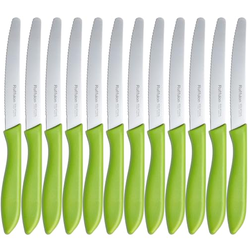 Brotmesser Wellenschliff,12 teilig,Ruffulon Langlebiges Brötchenmesser aus Edelstahl,23 cm Tefalmesser,Brot Messer Set,Scharfe Messer Set,Kunststoffgriff,Grün Messerset von Ruffulon