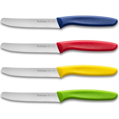 Ruffulon Frühstücksmesser 4 Stück, Tafelmesser mit Wellenschliff,Messerset Scharfe,Mehrfarbig Tomatenmesser,Kunststoffgriff Besteck Messer Set,Rostfreier Stahl,Brotmesser Klein,Bunte Jausenmesser von Ruffulon