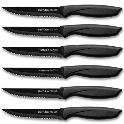 Ruffulon Profi Steakmesser Set,6-teilig Extra Scharfe Küchenmesser Set,Edelstahl Steak Messer Set mit Wellenschliff,Robuster Kunststoffgriff Steakmesserset,Steakbesteck Messerset,Schwarz von Ruffulon