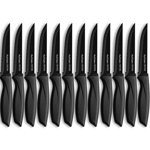 Ruffulon Profi Steakmesser Set 12-teilig,Hochwertige Steakbesteck,Messerset mit Wellenschliff,Extra Scharfe Klinge,Küchenmesser Set,Ergonomischer Polypropylen-Griff,Edelstahl Steak Messer Set,Schwarz von Ruffulon