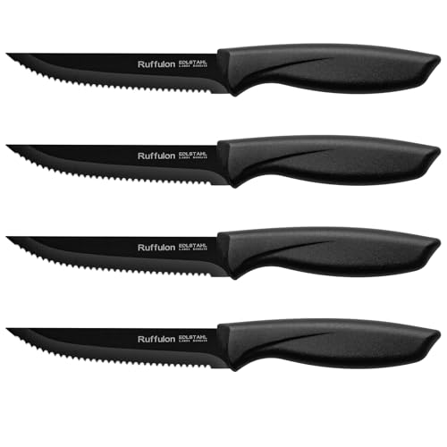 Ruffulon Steakmesser Set,4-teilig Extra Scharfe Küchenmesser Set,Edelstahl Steak Messer Set mit Wellenschliff,Robuster Kunststoffgriff Steakmesserset,Steakbesteck Messerset,Schwarz Küchen-Steakbesteck Ruffulon Steakmesser Set,4-teilig Extra Scharfe Küchenmesser Set,Edelstahl Steak Messer Set mit Wellenschliff,Robuster Kunststoffgriff Steakmesserset,Steakbesteck Messerset,Schwarz Küchen-Steakbesteck von Ruffulon