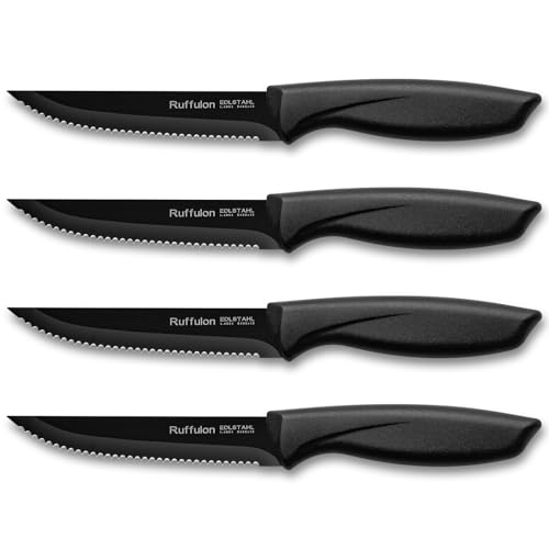 Ruffulon Steakmesser Set,4-teilig Extra Scharfe Küchenmesser Set,Edelstahl Steak Messer Set mit Wellenschliff,Robuster Kunststoffgriff Steakmesserset,Steakbesteck Messerset,Schwarz Küchen-Steakbesteck von Ruffulon