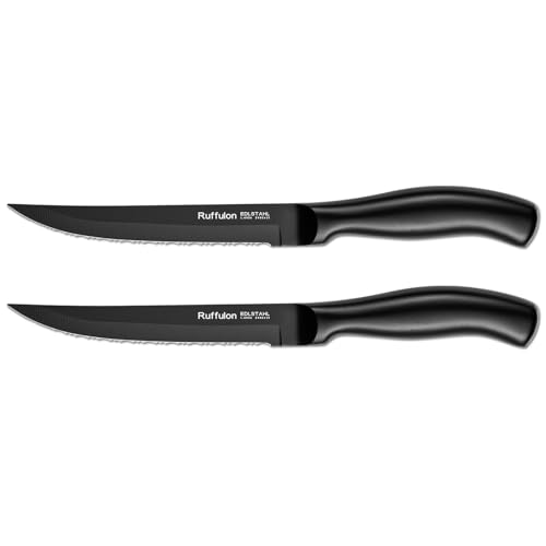 Ruffulon Steakmesser Set 2 teilig, Edelstahl Steakmesserset,Steak Messer Set mit Wellenschliff,Einteiliges Geschmiedetes Küchenmesser Set,Scharfe Steakbesteck Messer,Schwarzes Besteck Messer Ruffulon Steakmesser Set 2 teilig, Edelstahl Steakmesserset,Steak Messer Set mit Wellenschliff,Einteiliges Geschmiedetes Küchenmesser Set,Scharfe Steakbesteck Messer,Schwarzes Besteck Messer von Ruffulon