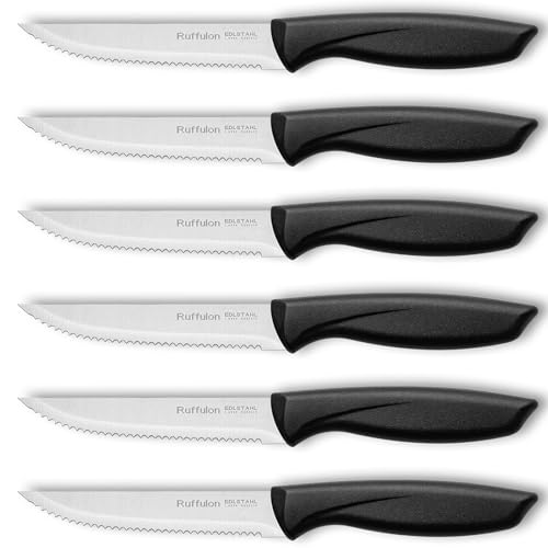 Ruffulon Steakmesser Set 6-teilig,Hochwertig Steakbesteck Messerset aus Edelstahl,Küchenmesser Set mit Polierte Wellenschliff,Scharfe Steak Messer Set,Silber Küchen-Steakmesser,Spülmaschinenfest von Ruffulon