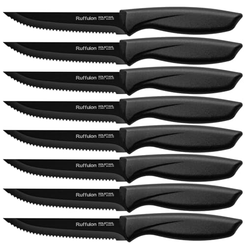 Ruffulon Steakmesser Set 8-teilige,Hochwertige Edelstahl Steakbesteck,Messerset mit Wellenschliff,Extra Scharfe Klinge,Küchenmesser Set,Ergonomischer Polypropylen-Griff,Küchen-Steak Messer Set von Ruffulon