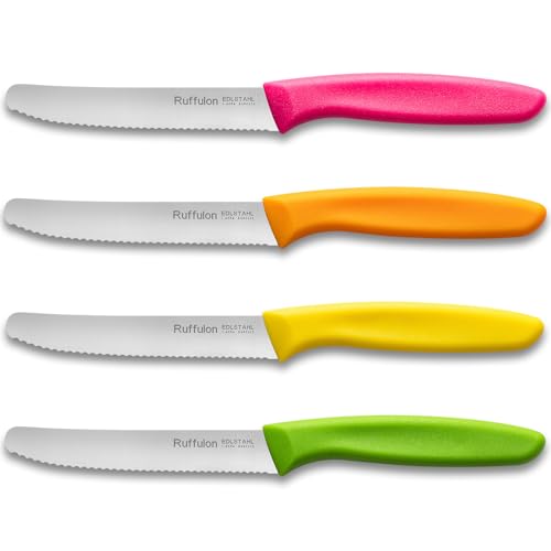 Ruffulon Tafelmesser 4 Stück,Frühstücksmesser mit Wellenschliff,Mehrfarbig Messerset,Scharfe Tomatenmesser,Kunststoffgriff Besteck Messer Set,Rostfreier Stahl,Brotmesser Klein,Bunte Vespermesser Ruffulon Tafelmesser 4 Stück,Frühstücksmesser mit Wellenschliff,Mehrfarbig Messerset,Scharfe Tomatenmesser,Kunststoffgriff Besteck Messer Set,Rostfreier Stahl,Brotmesser Klein,Bunte Vespermesser von Ruffulon