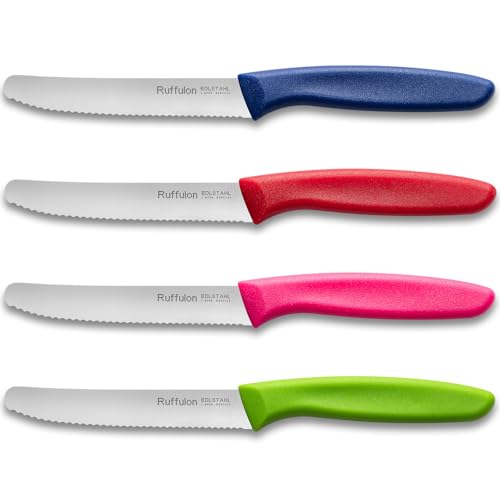 Ruffulon Tafelmesser 4 Stück,Frühstücksmesser mit Wellenschliff,Messerset Scharfe,Mehrfarbig Messer Set,Kunststoffgriff Tomatenmesser,Brotmesser Klein,Rostfreier Stahl,Bunte Jausenmesser von Ruffulon