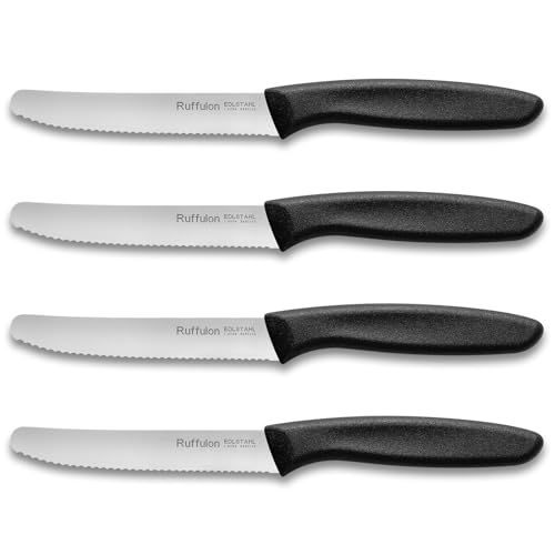 Ruffulon Tafelmesser 4 Stück,Hochwertiges Frühstücksmesser Set,Scharfe Messer mit Wellenschliff,Edelstahl Schneidemesser,Kunststoffgriff Tomatenmesser,Schwarzes Besteck Messer set ﻿ von Ruffulon