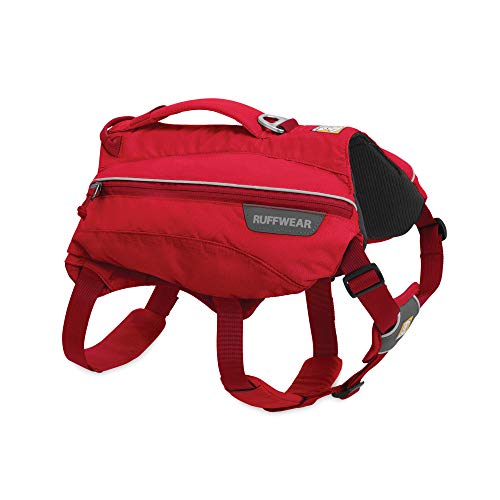 RUFFWEAR Trinkrucksack für Hunde, Inklusive 2 x 600 ml Wasserflasche, Große bis sehr große Hunderassen, Größenverstellbar, Größe: L/XL, Rot (Red Currant), Singletrak Pack von RUFFWEAR