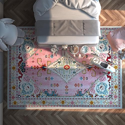 Rug-QJDDUP Kurzflor Teppich,Cyan Red Pink Yellow Vintage Pattern, Waschbarer Teppiche für Wohnzimmer, Schlafzimmer, Küche, Kinderzimmer,Pink,100 x 200 cm von Rug-QJDDUP
