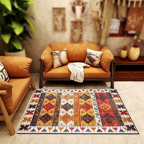 Rug-QJDDUP Kurzflor Teppich,Red Orange Yellow Blue Vintage Pattern, für Wohnzimmer, Schlafzimmer, Vorzimmer, Esszimmer, Arbeitszimmer, Büro,Orange,120 x 170 cm von Rug-QJDDUP