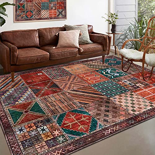 Rug-QJDDUP Teppich Wohnzimmer 120 x 160 cm Bunt Rot Orange Gelb Grüner Braun Muster Vintage Teppiche für Schlafzimmer Kinderzimmer Küche Esszimmer Outdoor Balkon, waschbarer von Rug-QJDDUP