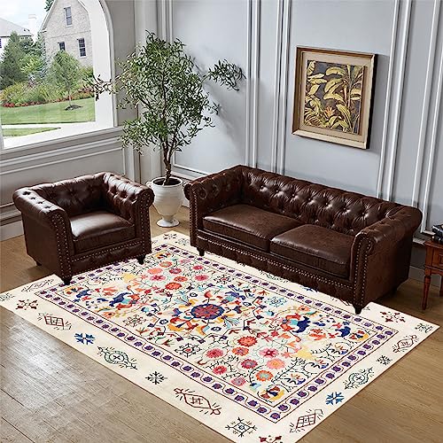 Rug-QJDDUP Kurzflor Teppich 140 x 200 cm Bunte, Orange, Gelb, Rot, Dunkelblau, Cyan, Hellblau, Smaragdgrün, Rosa, Türkisblau, Creme, Antikweiß, Teppiche Blumenmuster für Wohnzimmer, Schlafzimmer von Rug-QJDDUP