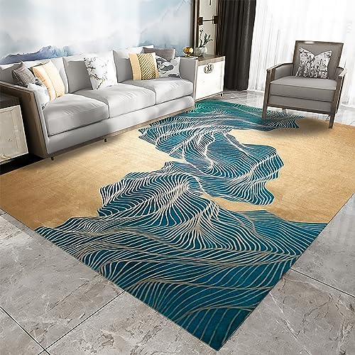 Rug-QJDDUP Kurzflor Teppich Großer Wohnzimmer,Blue 200 x 290 cm, Designer Weicher Teppiche für Zimmer Schlafzimmer Wohnzimmerteppich, Braun, Gelb, Blau, Grün, Modernes Linienmuster von Rug-QJDDUP