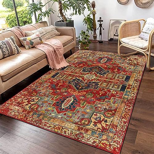 Rug-QJDDUP Kurzflor Teppich Großer Wohnzimmer,Red 200 x 290 cm, Designer Weicher Teppiche für Zimmer Schlafzimmer Wohnzimmerteppich, Mehrfarbiges Rot-Gelb-Blau-Grün-Blumen-Vintage-Traditionelles von Rug-QJDDUP