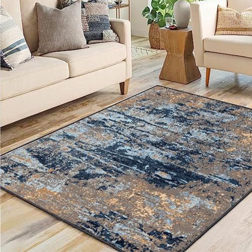 Rug-QJDDUP Kurzflor Teppich Klein,Marineblau, Hellblau, Braun, Gelb, abstraktes Design, modern,Wohnzimmer Schlafzimmer Läufer Flur Küche, Waschbar, rutschfest,Blue,80 x 160 cm von Rug-QJDDUP