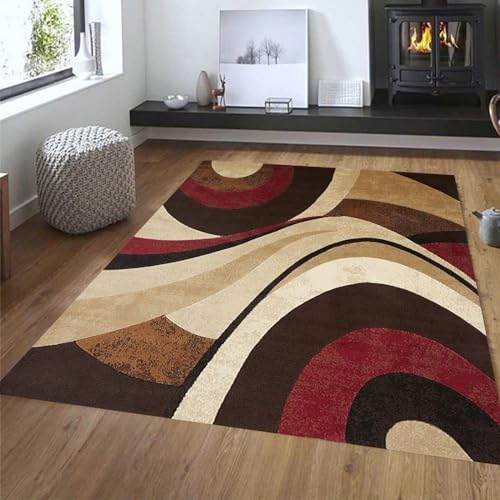 Rug-QJDDUP Kurzflor Teppich Quadratisch,Braun Rot Khaki Weiß Geometrisches Wirbeldesign Modern,Brown,120 x 120 cm, Wohnzimmer Couchtisch Schlafzimmer Kinderzimmer Babyzimmer, von Rug-QJDDUP