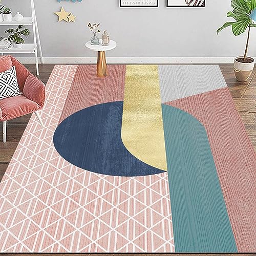 Rug-QJDDUP Kurzflor Teppich Quadratisch,Pink 150 x 150 cm, Designerteppich Moderner Wohnzimmerteppich Schlafzimmer Kinderzimmer,Rosa Blau Cyan Gelb Modern Geometrisch von Rug-QJDDUP