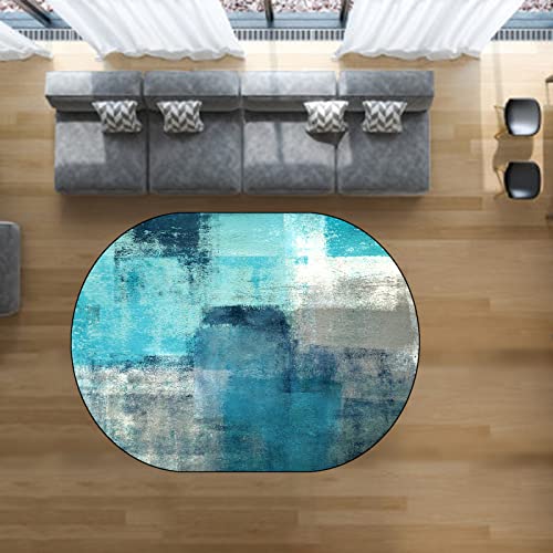 Rug-QJDDUP Teppich,Abstract Pattern Art Deco,Blue, Oval 80 x 150 cm, Kurzflor Teppiche für Wohnzimmer Schlafzimmer Bett, Teppichen leicht zu reinigen, weich kuschelig von Rug-QJDDUP
