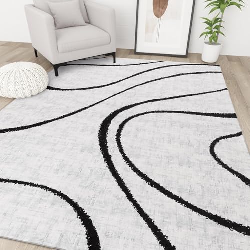 Rug-QJDDUP Teppich Flur Eingangsbereich 70 x 140 cm Anti-Rutsch Waschbarer Kurzflor Teppiche für küchen Schlafzimmer Esszimmer Bettvorleger Moderne Linien grau schwarz von Rug-QJDDUP