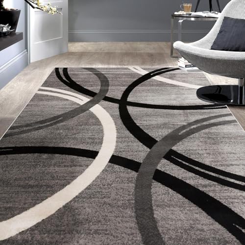 Rug-QJDDUP Teppich Flur Eingangsbereich 70 x 140 cm Anti-Rutsch Waschbarer Kurzflor Teppiche für küchen Schlafzimmer Esszimmer Bettvorleger Moderne Retro-Linien grau schwarz von Rug-QJDDUP