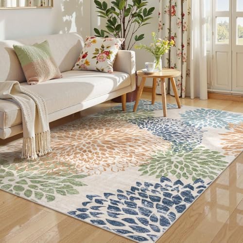 Rug-QJDDUP Teppich Flur Eingangsbereich 70 x 140 cm Anti-Rutsch Waschbarer Kurzflor Teppiche für küchen Schlafzimmer Esszimmer Bettvorleger Moderne abstrakte Blumen orange blau grün von Rug-QJDDUP