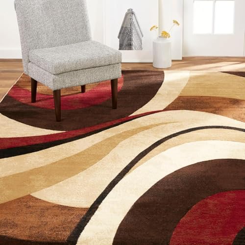 Rug-QJDDUP Teppich Flur Eingangsbereich 70 x 140 cm Anti-Rutsch Waschbarer Kurzflor Teppiche für küchen Schlafzimmer Esszimmer Bettvorleger Moderne abstrakte Linien braun gelb rot von Rug-QJDDUP