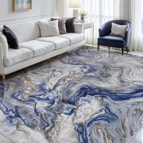 Rug-QJDDUP Teppich Flur Eingangsbereich 70 x 140 cm Anti-Rutsch Waschbarer Kurzflor Teppiche für küchen Schlafzimmer Esszimmer Bettvorleger Moderne abstrakte Tinte blau grau von Rug-QJDDUP