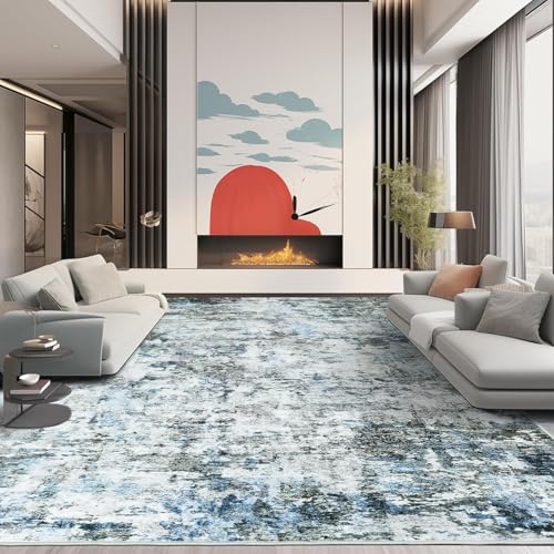 Rug-QJDDUP Teppich Flur Eingangsbereich 70 x 140 cm Anti-Rutsch Waschbarer Kurzflor Teppiche für küchen Schlafzimmer Esszimmer Bettvorleger Moderne abstrakte Tinte blau grau von Rug-QJDDUP