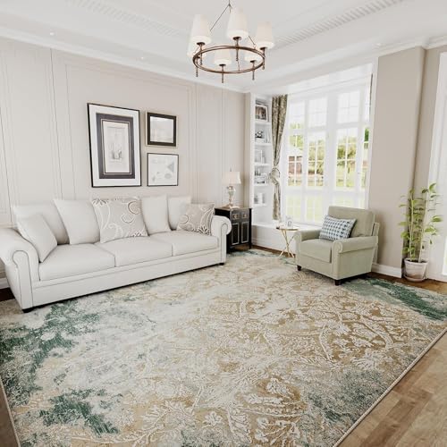 Rug-QJDDUP Teppich Flur Eingangsbereich 70 x 140 cm Anti-Rutsch Waschbarer Kurzflor Teppiche für küchen Schlafzimmer Esszimmer Bettvorleger Moderne abstrakte Tinte gelb grün von Rug-QJDDUP