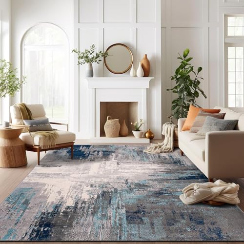 Rug-QJDDUP Teppich Flur Eingangsbereich 70 x 140 cm Anti-Rutsch Waschbarer Kurzflor Teppiche für küchen Schlafzimmer Esszimmer Bettvorleger Moderne abstrakte Tinte grau blau von Rug-QJDDUP